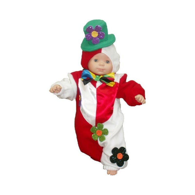 Enterito de payasito para bebé rojo y blanco con gorro verde y flores decorativas