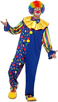 Disfraz de payaso de lujo para hombre: traje azul con rayas multicolor, peluca y zapatos amarillos