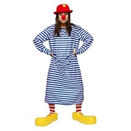 Disfraz de payaso unisex: vestido rayas azules y blancas, sombrero rojo y zapatos amarillos
