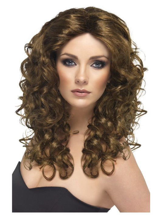 Peluca rizada años 50 color castaño oscuro, ondas y rizos voluminosos, estilo retro