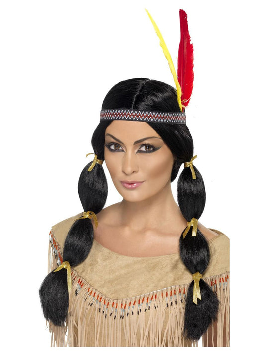 Peluca de cabello negro con cintillo a rayas y flecos laterales dorados