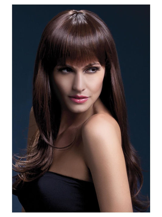 Peluca de mujer castaña con flequillo recto y cabello largo ondulado