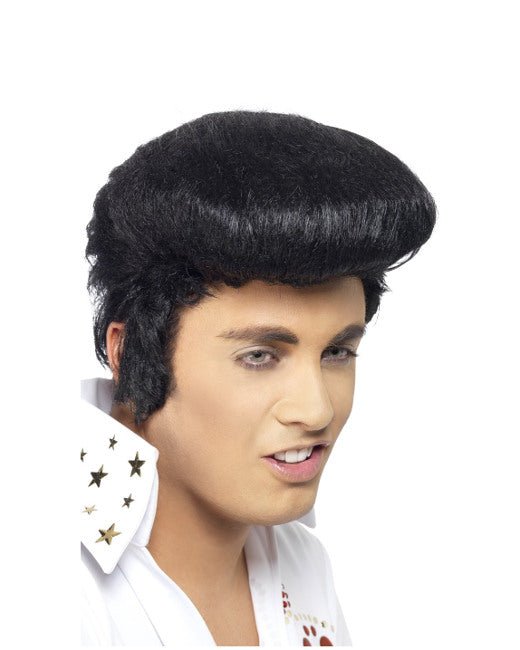 Peluca estilo Elvis Presley, cabello negro ondulado y flequillo abombado