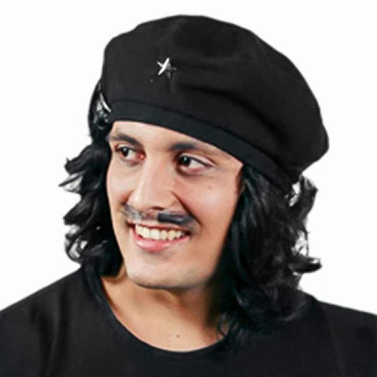 Peluca de hombre con boina negra y cabello rizado negro