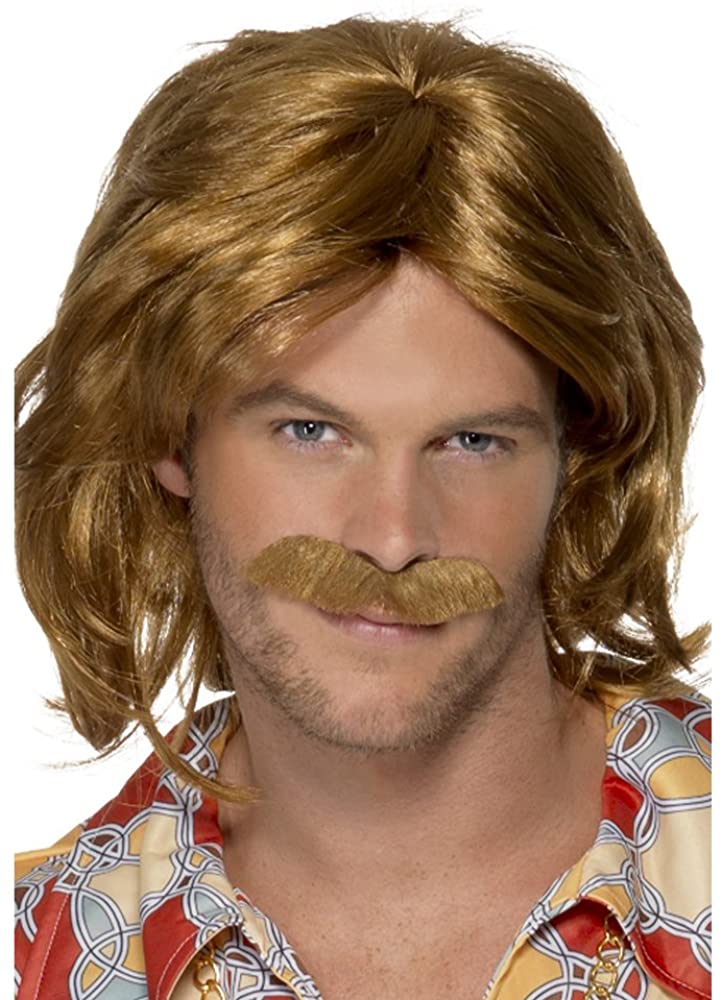 Peluca masculina de los 70 con bigote marrón y cabello castaño