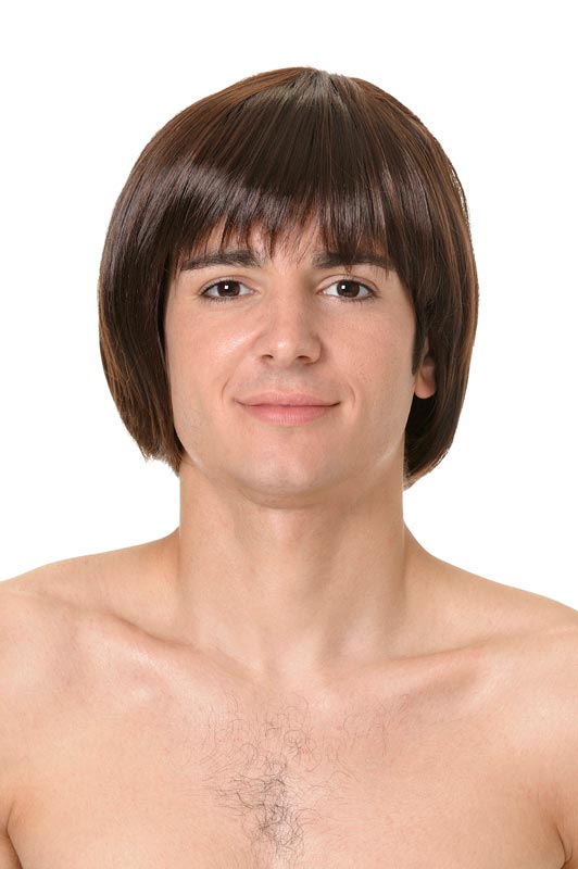 Peluca para hombre de cabello castaño, lacio y con flequillo recto