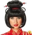 Peluca de mujer estilo geisha negra, con flequillo y adorno rojo en la parte superior