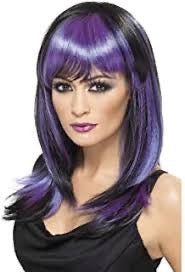Peluca para mujer lisa con base negra y mechones morados, pelo largo recto