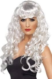 Peluca rizada blanca con flequillo y ondas largas, estilo para disfraces