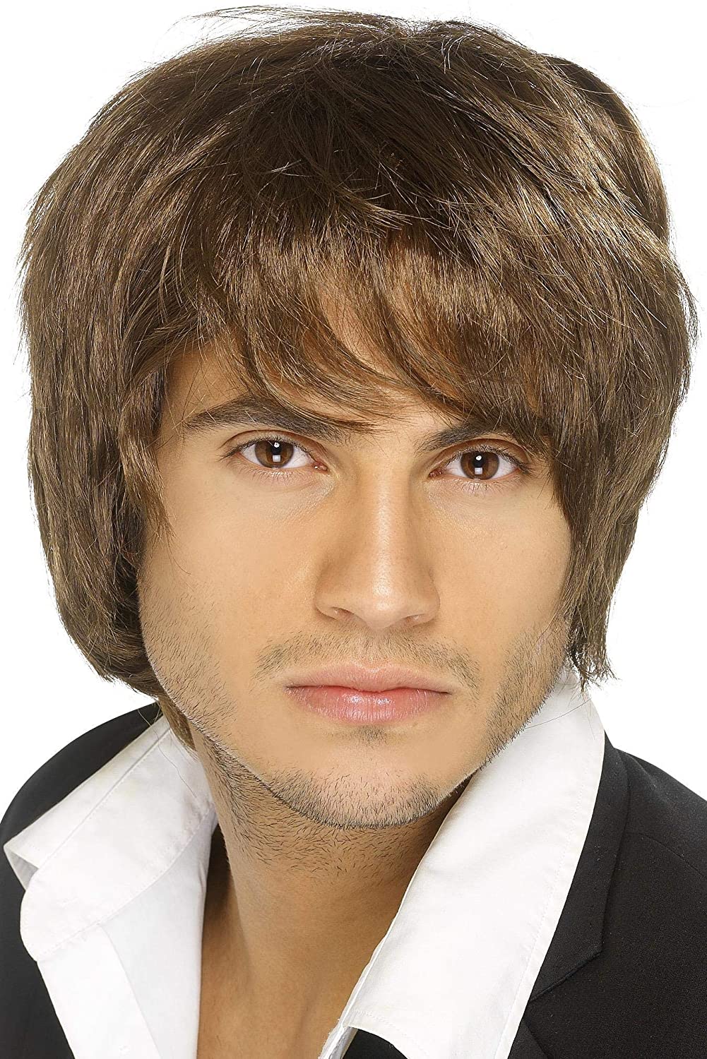 Peluca para hombre años 70 de pelo marrón con flequillo y raya al lado