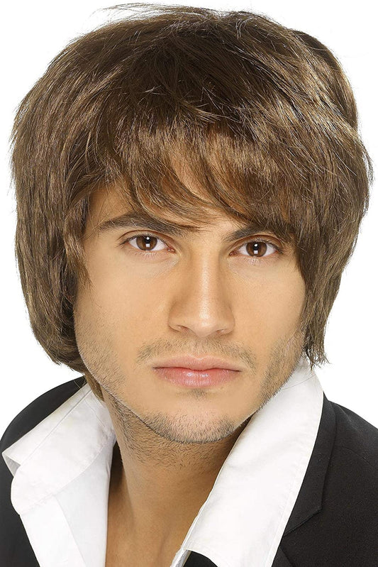Peluca para hombre años 70 de pelo marrón con flequillo y raya al lado