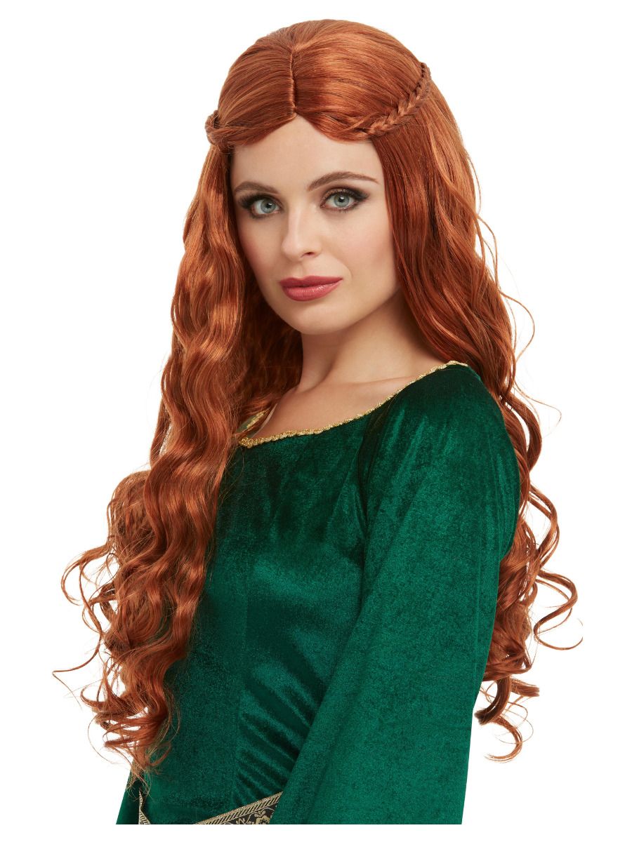 Peluca de cabello largo ondulado castaño rojizo, raya al lado