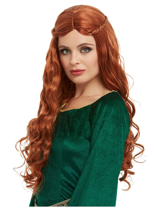 Peluca de cabello largo ondulado castaño rojizo, raya al lado