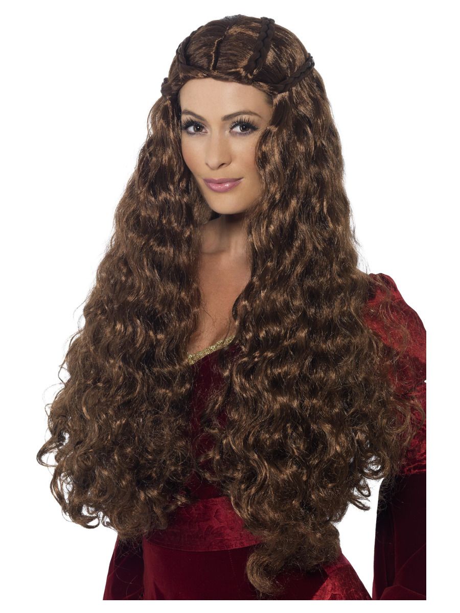 Peluca de reina medieval con cabello largo rizado castaño y flequillo