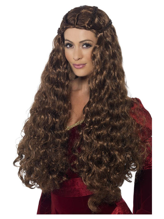 Peluca de reina medieval con cabello largo rizado castaño y flequillo