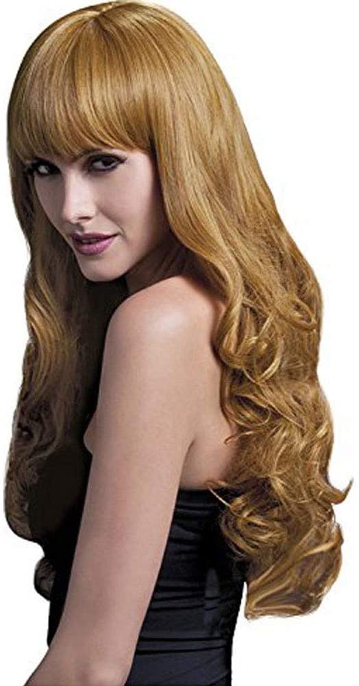 Peluca rubia larga con flequillo y ondas, vista lateral