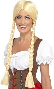 Peluca rubia con trenzas largas y flequillo