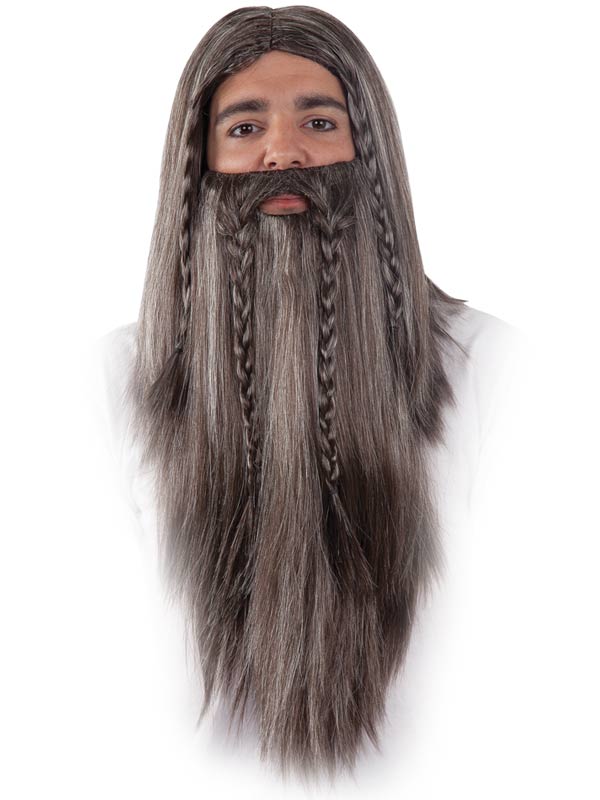 Peluca y barba de vikingo para hombre con cabello largo gris y trenzas