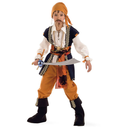 Disfraz de pirata infantil: camisa blanca, chaleco azul, pantalón marrón y botas negras