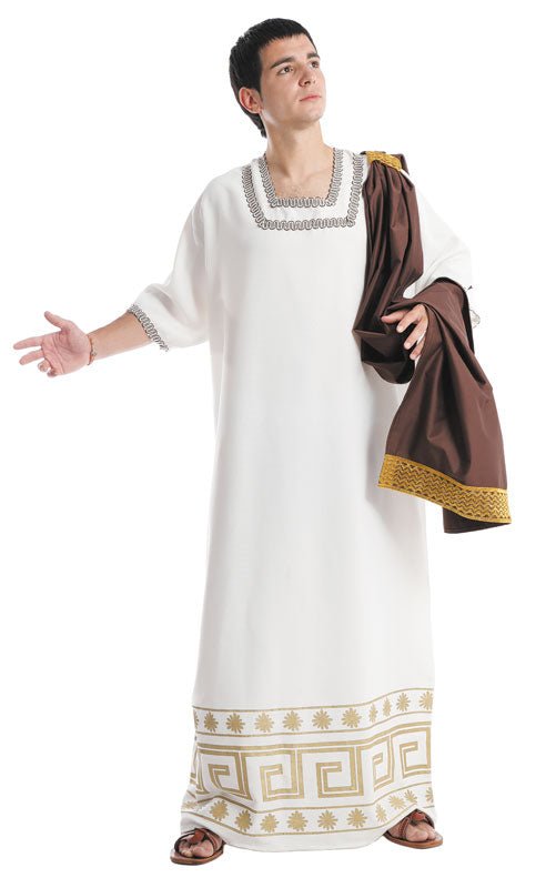 Túnica de disfraz romana para hombre blanca con bordes dorados y cuello con franja