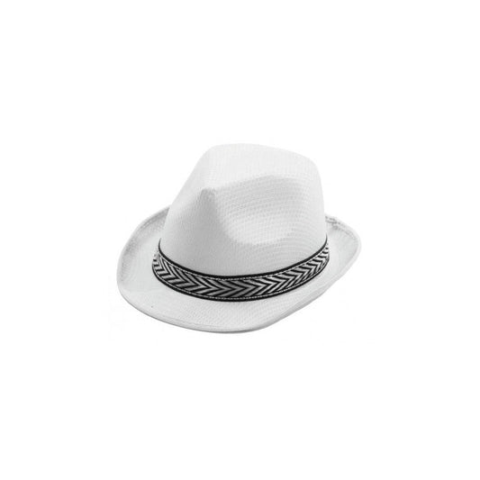 Sombrero fedora blanco con cinta decorativa negra alrededor de la copa