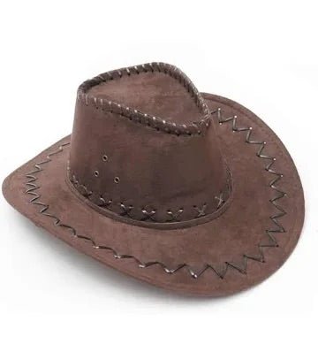 Sombrero vaquero marrón de fieltro, copa alta y ala ancha con costuras decorativas