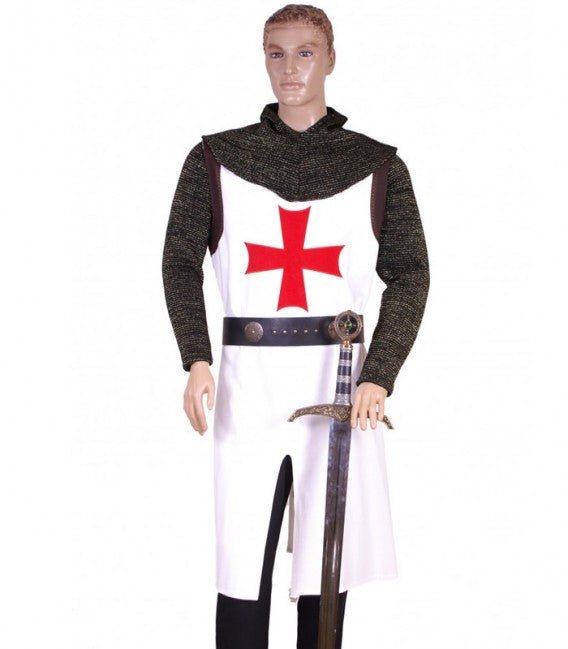 Tabardo medieval de hombre blanco y negro con cruz roja y cinturón