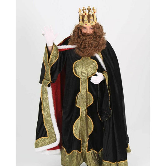 Traje de Rey Mago con corona, barba rizada y capa negra con bordes dorados