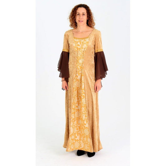 Vestido medieval largo dorado con mangas desmontables marrón