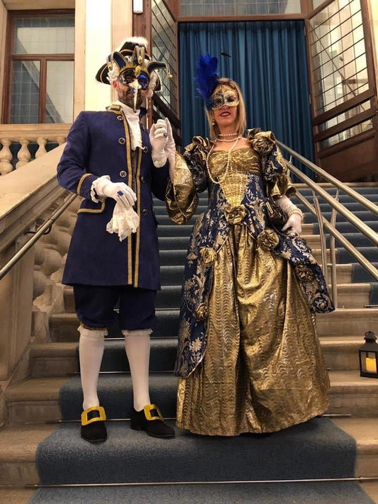 Traje veneciano dorado y azul con vestido con encaje, mascarilla y tocado