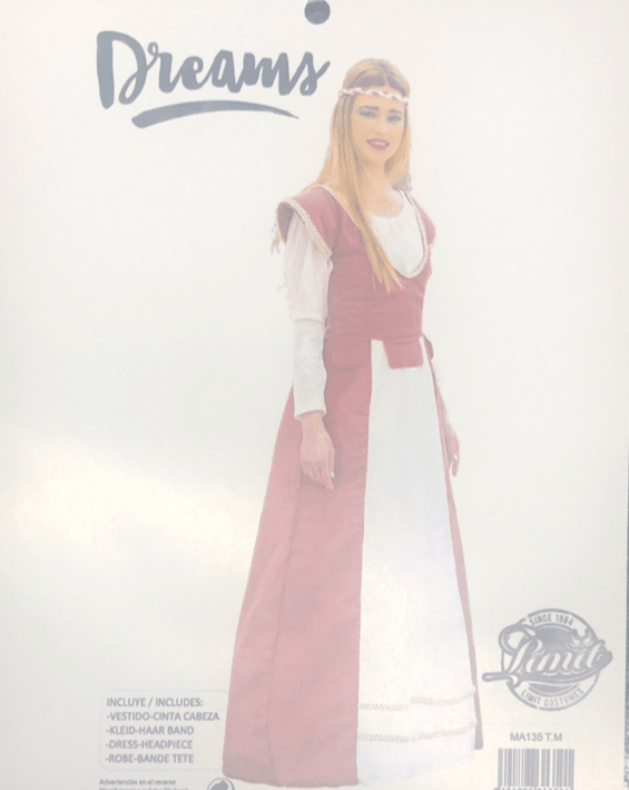 Vestido medieval de dama con peto granate y mangas blancas