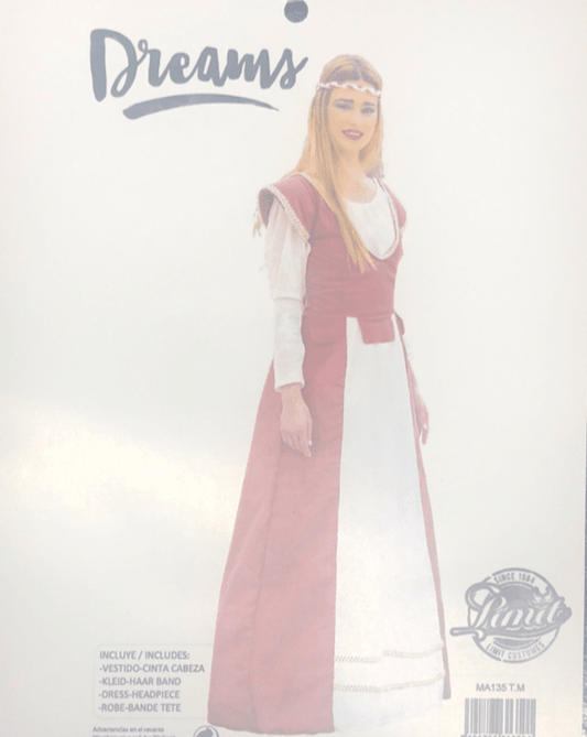 Vestido medieval de dama con peto granate y mangas blancas