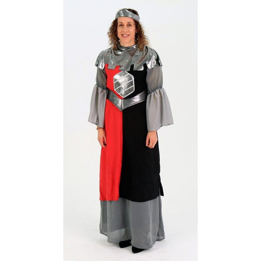 Vestido medieval de mujer con mangas grises, corpiño negro y panel rojo, falda larga gris.