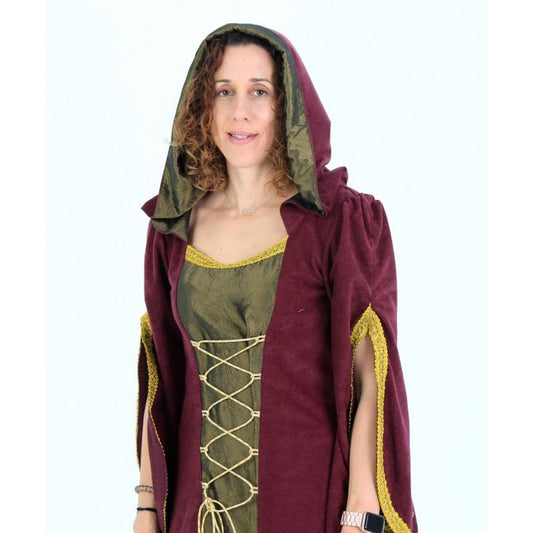 Vestido medieval Berta con capucha y bordes dorados, parte superior con cordones