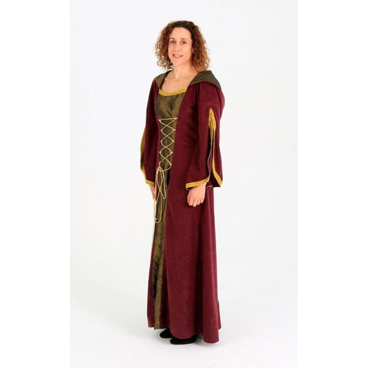 Vestido medieval Berta granate con falda larga y capucha, costuras y cordones dorados