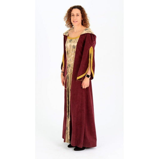 Vestido medieval de mujer burdeos con capucha, dobladillo largo y panel dorado en mangas