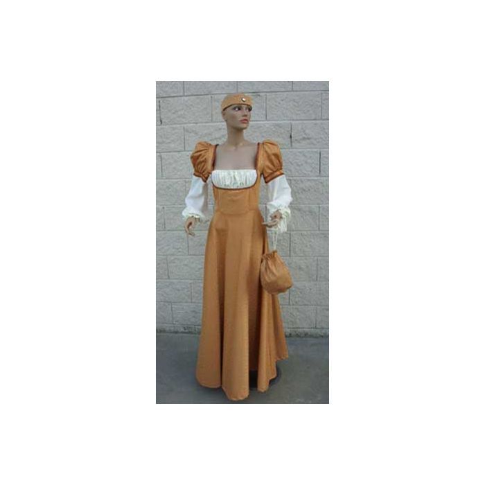 Vestido medieval marrón con corpiño blanco y mangas abullonadas, falda amplia