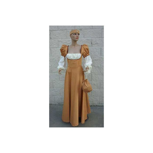 Vestido medieval marrón con corpiño blanco y mangas abullonadas, falda amplia