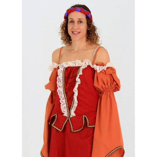 Vestido medieval de mujer rojo, con encaje blanco y hombros descubiertos.