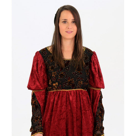 Vestido medieval rojo con corpiño negro y paneles con bordado dorado, manga globo