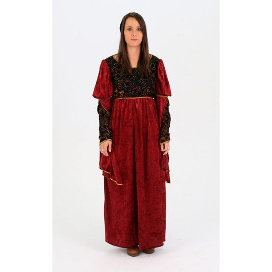 Vestido medieval rojo con faldón amplio, mangas abullonadas y corpiño negro estampado