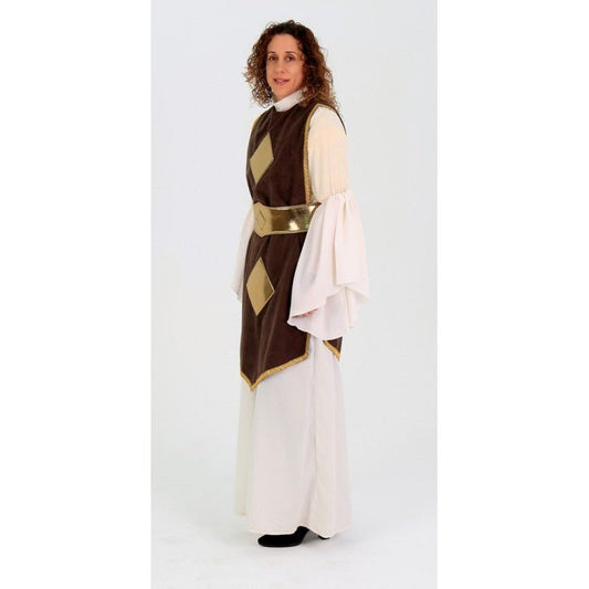 Vestido medieval marrón con capas blancas y adornos dorados, mangas abullonadas.