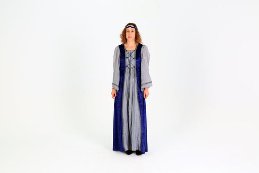 Vestido medieval largo azul con corpiño con cordones y mangas grises abullonadas