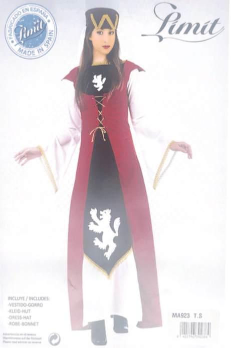 Vestido medieval granate con capa negra, cordones dorados y escudo blanco de león