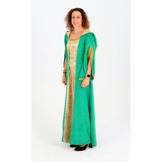 Vestido medieval largo verde con capucha de tela beige y detalles dorados