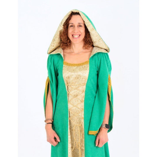 Vestido medieval verde con capucha y sobrevestido dorado, mangas abiertas
