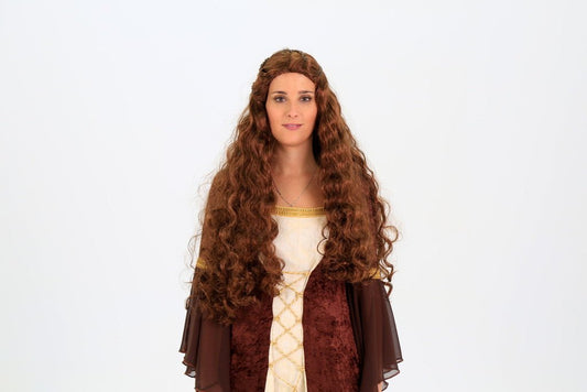 Vestido medieval de mujer con corpiño marrón y abertura central de tela crema