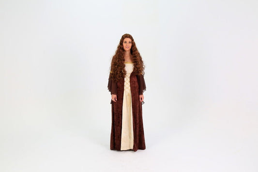 Vestido medieval de mujer con abrigo marrón y paneles crema, mangas largas
