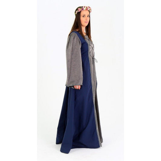 Vestido medieval azul y gris con mangas largas y falda amplia