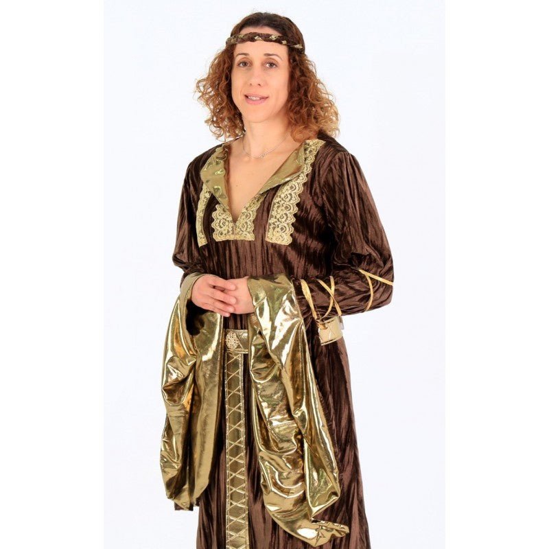 Vestido medieval Sancha de mujer con mangas abullonadas y paneles dorados, escote en V.